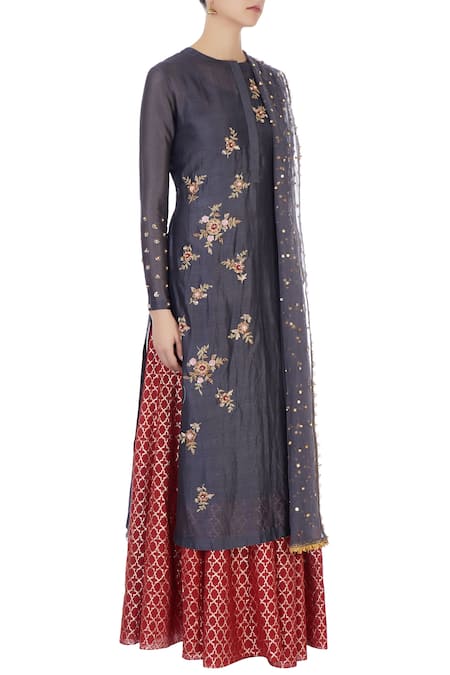 Joy Mitra Grey Round Chanderi Kurta And Lehenga Set Online at Aza Fashions Joy Mitra_Grey Round Chanderi Kurta And Lehenga Set _Online_at_Aza_Fashions