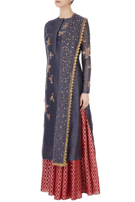 Buy Joy Mitra Grey Round Chanderi Kurta And Lehenga Set Online at Aza Fashions Buy_Joy Mitra_Grey Round Chanderi Kurta And Lehenga Set _Online_at_Aza_Fashions