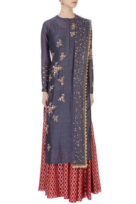 Shop Joy Mitra Grey Round Chanderi Kurta And Lehenga Set Online at Aza Fashions Shop_Joy Mitra_Grey Round Chanderi Kurta And Lehenga Set _Online_at_Aza_Fashions