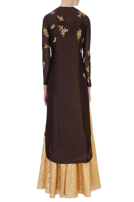 Shop Joy Mitra Brown Round Chanderi Kurta And Lehenga Set at Aza Fashions Shop_Joy Mitra_Brown Round Chanderi Kurta And Lehenga Set _at_Aza_Fashions