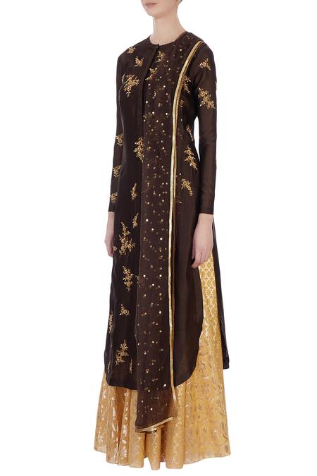 Buy Joy Mitra Brown Round Chanderi Kurta And Lehenga Set Online at Aza Fashions Buy_Joy Mitra_Brown Round Chanderi Kurta And Lehenga Set _Online_at_Aza_Fashions