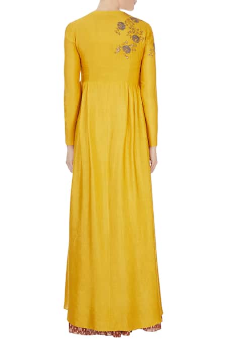 Shop Joy Mitra Yellow Round Chanderi Asymmetric Kurta at Aza Fashions Shop_Joy Mitra_Yellow Round Chanderi Asymmetric Kurta _at_Aza_Fashions
