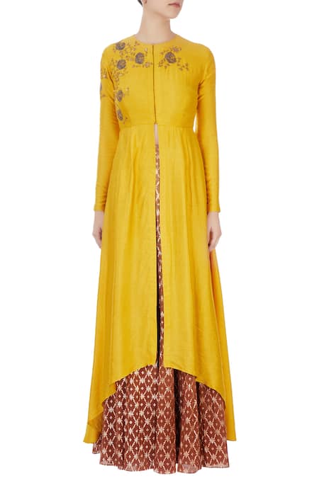 Shop Joy Mitra Yellow Round Chanderi Asymmetric Kurta Online at Aza Fashions Shop_Joy Mitra_Yellow Round Chanderi Asymmetric Kurta _Online_at_Aza_Fashions