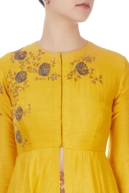Joy Mitra Yellow Round Chanderi Asymmetric Kurta at Aza Fashions Joy Mitra_Yellow Round Chanderi Asymmetric Kurta _at_Aza_Fashions