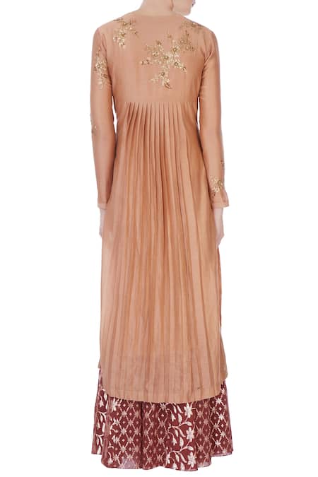 Shop Joy Mitra Peach Round Chanderi Kurta And Lehenga Set at Aza Fashions Shop_Joy Mitra_Peach Round Chanderi Kurta And Lehenga Set _at_Aza_Fashions