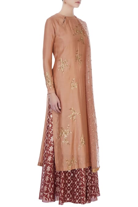 Joy Mitra Peach Round Chanderi Kurta And Lehenga Set Online at Aza Fashions Joy Mitra_Peach Round Chanderi Kurta And Lehenga Set _Online_at_Aza_Fashions