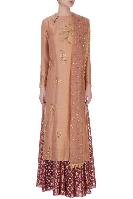 Shop Joy Mitra Peach Round Chanderi Kurta And Lehenga Set Online at Aza Fashions Shop_Joy Mitra_Peach Round Chanderi Kurta And Lehenga Set _Online_at_Aza_Fashions