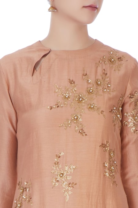 Joy Mitra Peach Round Chanderi Kurta And Lehenga Set at Aza Fashions Joy Mitra_Peach Round Chanderi Kurta And Lehenga Set _at_Aza_Fashions