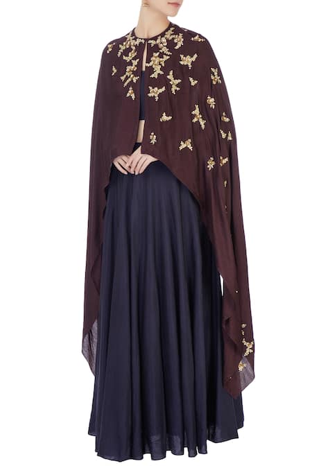 Joy Mitra Black Blouse Halter Silk Cape And Lehenga Set 