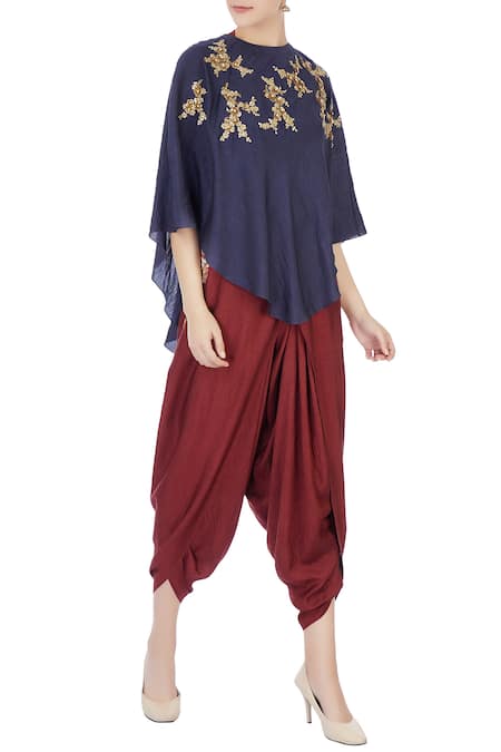 Joy Mitra Red Blouse Halter Silk Cape And Dhoti Pant Set