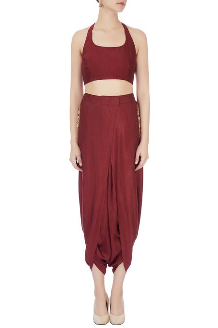 Shop Joy Mitra Red Blouse Halter Silk Cape And Dhoti Pant Set Online at Aza Fashions Shop_Joy Mitra_Red Blouse Halter Silk Cape And Dhoti Pant Set _Online_at_Aza_Fashions