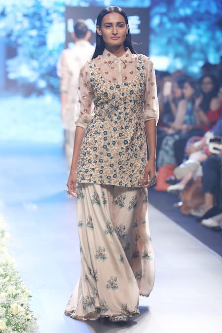 SVA by Sonam & Paras Modi Blue Printed And Embroidered Floral Motifs Shirt Collar & Sharara Set For Women