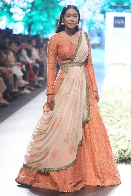 Sva By Sonam & Paras Modi Orange V Neck Embroidered Lehenga Set