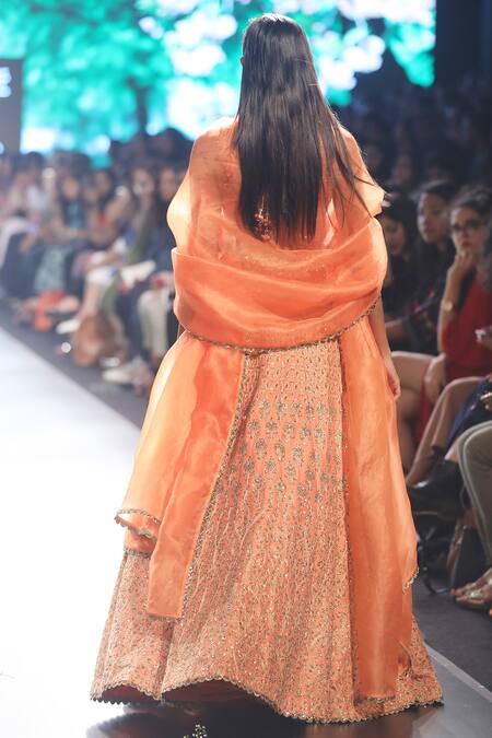 Shop_Sva By Sonam & Paras Modi_Orange Raw Silk Embroidered V Neck Lehenga Set With Belt_at_Aza_Fashions