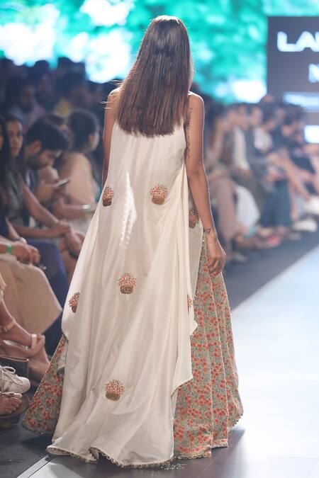 Shop_Sva By Sonam & Paras Modi_Beige V Neck Silk Jacket Lehenga Set_at_Aza_Fashions