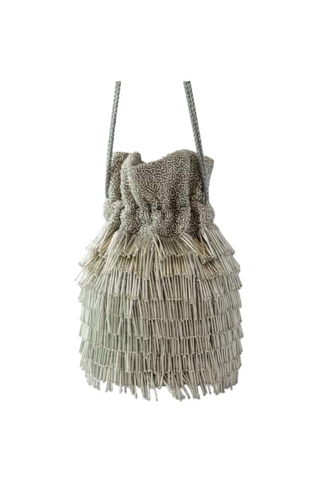 Shop Adora By Ankita Silver Bead Work Polyester Embellished Potli Bag at Aza Fashions Shop_Adora By Ankita_Silver Bead Work Polyester Embellished Potli Bag _at_Aza_Fashions