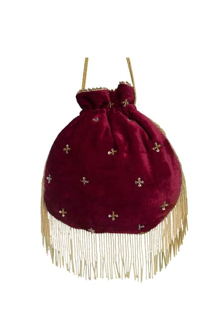 Shop Adora By Ankita Maroon Zardozi Velvet Embroidered Potli Bag at Aza Fashions Shop_Adora By Ankita_Maroon Zardozi Velvet Embroidered Potli Bag _at_Aza_Fashions