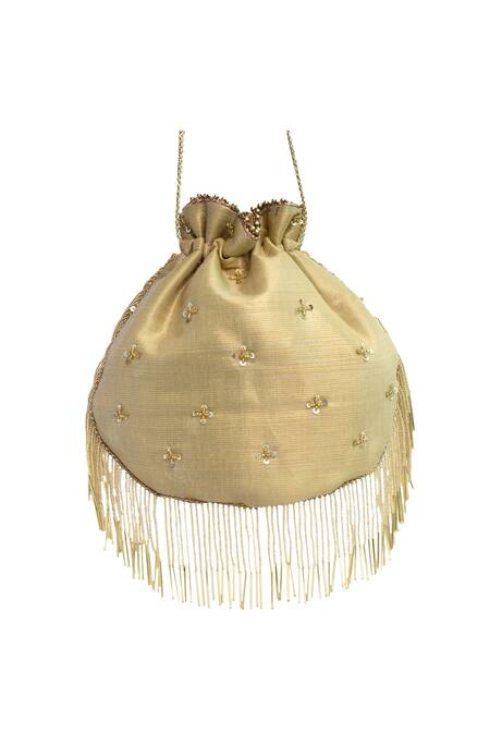 Shop Adora By Ankita Gold Zardozi Polyester Embroidered Potli Bag at Aza Fashions Shop_Adora By Ankita_Gold Zardozi Polyester Embroidered Potli Bag _at_Aza_Fashions