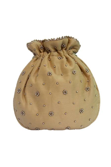 Shop Adora By Ankita Beige Zardozi Polyester Embroidered Potli Bag at Aza Fashions Shop_Adora By Ankita_Beige Zardozi Polyester Embroidered Potli Bag _at_Aza_Fashions