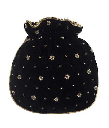Shop Adora By Ankita Black Zari, Pearls Velvet Embroidered Potli Bag at Aza Fashions Shop_Adora By Ankita_Black Zari, Pearls Velvet Embroidered Potli Bag _at_Aza_Fashions