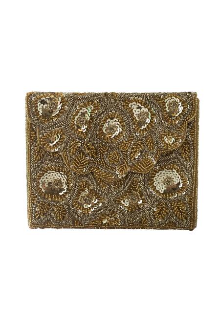 Adora By Ankita_Gold Sequins, Beads Floral Embellished Clutch _Online_at_Aza_Fashions