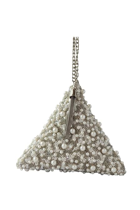Shop Adora By Ankita Silver Pearl Polyester Embellished Clutch at Aza Fashions Shop_Adora By Ankita_Silver Pearl Polyester Embellished Clutch _at_Aza_Fashions