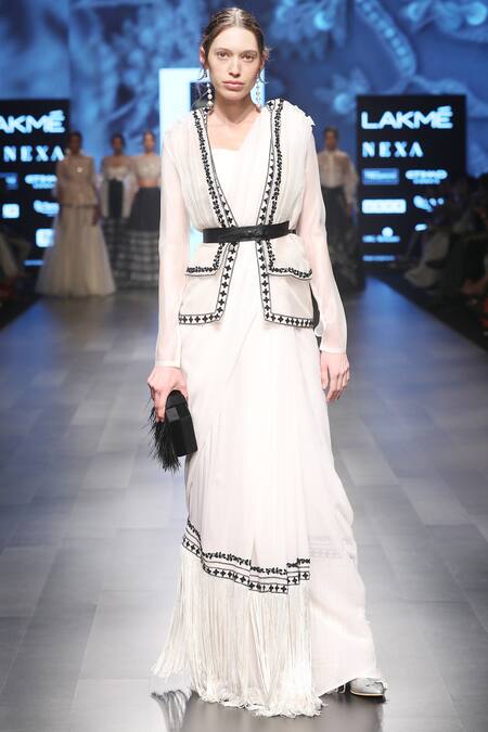 Shop Ridhi Mehra White Chiffon Saree With Organza Jacket at Aza Fashions Shop_Ridhi Mehra_White Chiffon Saree With Organza Jacket_at_Aza_Fashions