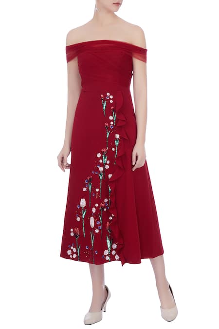Gauri & Nainika Red Micro Fiber Square Neck Embroidered Off Shoulder Dress For Women