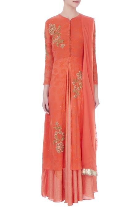 Shop_Manasi Sengupta_Orange Round Embroidered Kurta Set  _Online_at_Aza_Fashions