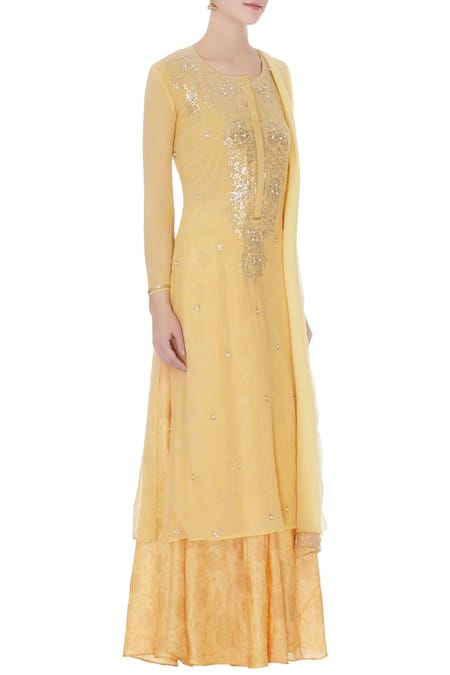 Manasi Sengupta_Yellow Round Layered Kurta Set  _Online_at_Aza_Fashions