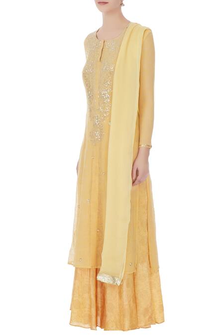 Buy_Manasi Sengupta_Yellow Round Layered Kurta Set  _Online_at_Aza_Fashions