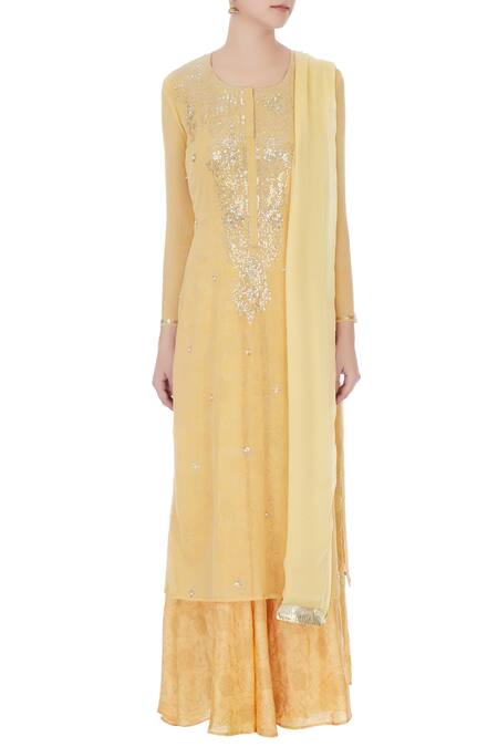 Shop_Manasi Sengupta_Yellow Round Layered Kurta Set  _Online_at_Aza_Fashions