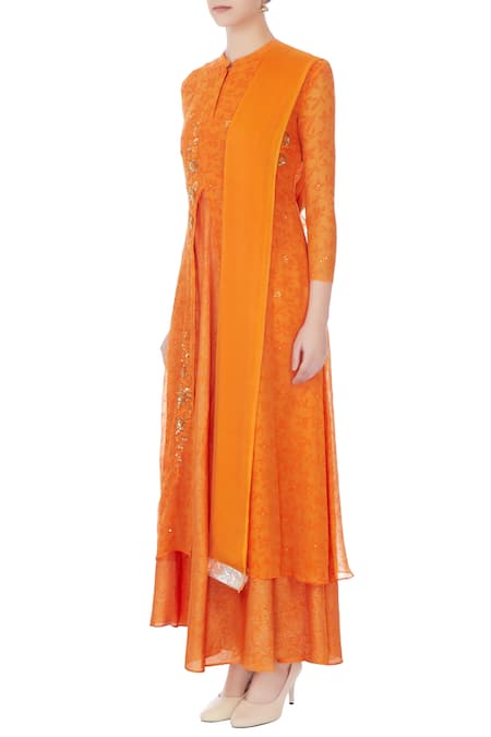 Buy_Manasi Sengupta_Orange Embroidered Kurta With Dupatta  _Online_at_Aza_Fashions
