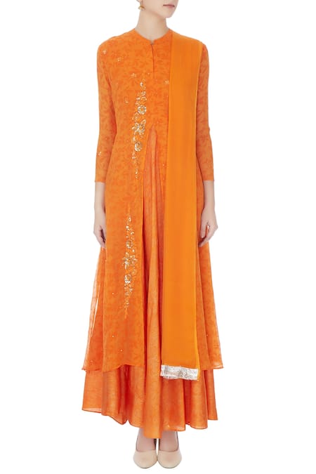 Shop_Manasi Sengupta_Orange Embroidered Kurta With Dupatta  _Online_at_Aza_Fashions