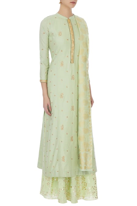 Manasi Sengupta_Green Mandarin Collar Embroidered Kurta Skirt Set  _Online_at_Aza_Fashions