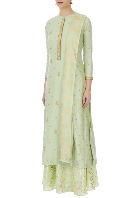 Buy_Manasi Sengupta_Green Mandarin Collar Embroidered Kurta Skirt Set  _Online_at_Aza_Fashions