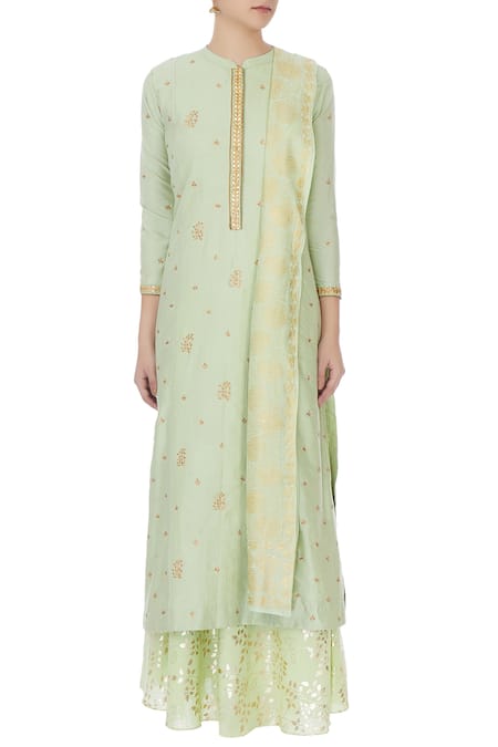 Shop_Manasi Sengupta_Green Mandarin Collar Embroidered Kurta Skirt Set  _Online_at_Aza_Fashions