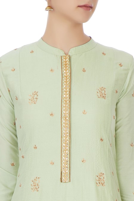 Manasi Sengupta_Green Mandarin Collar Embroidered Kurta Skirt Set  _at_Aza_Fashions