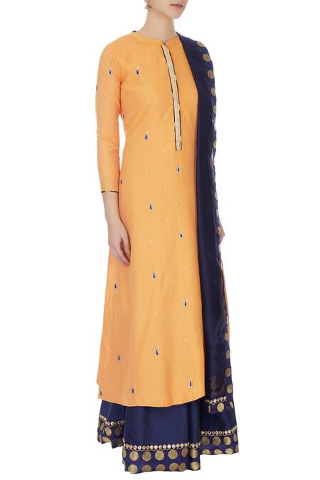 Manasi Sengupta_Yellow Cotton Silk Embroidered Mandarin Collar Kurta Lehenga Set  _Online_at_Aza_Fashions