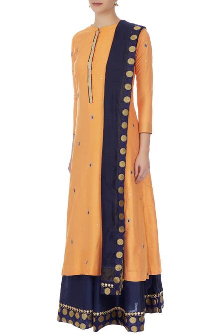 Buy_Manasi Sengupta_Yellow Cotton Silk Embroidered Mandarin Collar Kurta Lehenga Set  _Online_at_Aza_Fashions