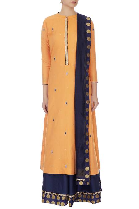 Shop_Manasi Sengupta_Yellow Cotton Silk Embroidered Mandarin Collar Kurta Lehenga Set  _Online_at_Aza_Fashions