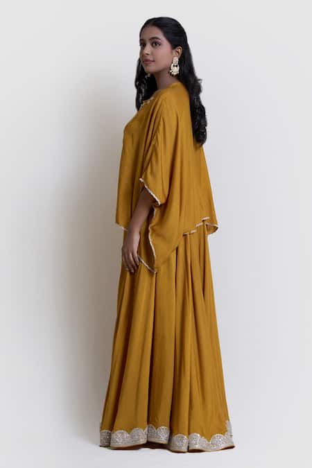 Brij_Yellow Spun Silk Embroidered Zardozi Round Cape And Pant Set _Online_at_Aza_Fashions