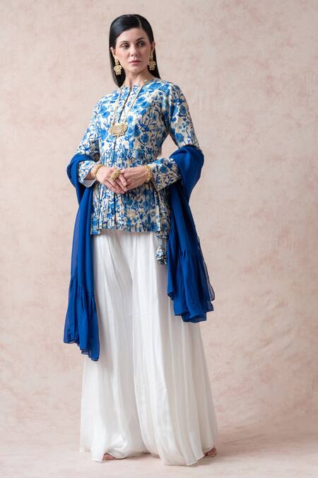 Buy_Thetaa_Blue Tussar, Silk, Viscose, Velour Mughal Floral Print Peplum Kurta Sharara Set _Online_at_Aza_Fashions