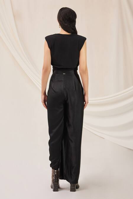 Shop_431-88 By Shweta Kapur_Black Satin Draped Pant_at_Aza_Fashions