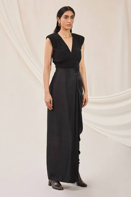 431-88 By Shweta Kapur_Black Satin Draped Pant_Online_at_Aza_Fashions