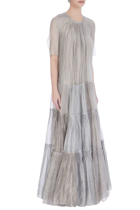 Urvashi Kaur Blue Round Chanderi Silk Tiered Gown Online at Aza Fashions Urvashi Kaur_Blue Round Chanderi Silk Tiered Gown _Online_at_Aza_Fashions