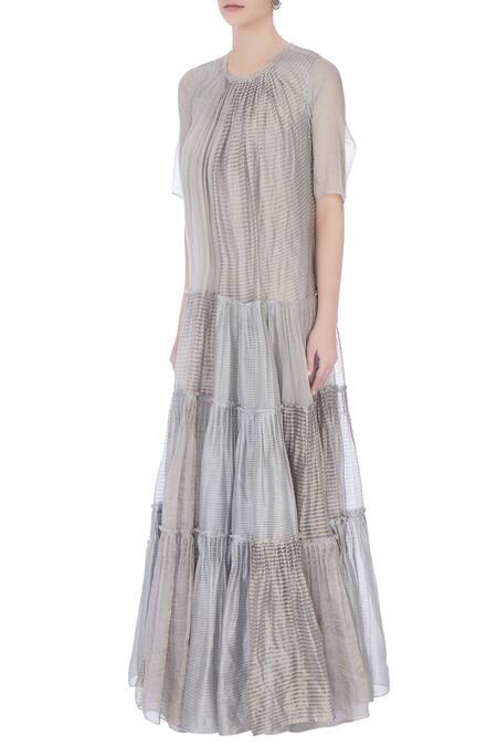 Buy Urvashi Kaur Blue Round Chanderi Silk Tiered Gown Online at Aza Fashions Buy_Urvashi Kaur_Blue Round Chanderi Silk Tiered Gown _Online_at_Aza_Fashions