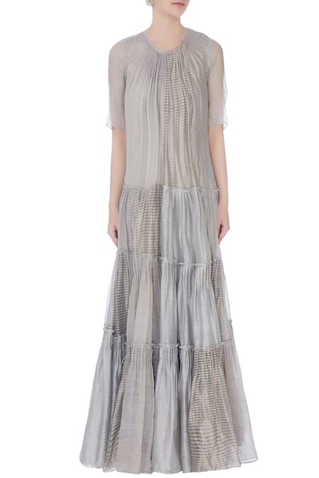 Shop Urvashi Kaur Blue Round Chanderi Silk Tiered Gown Online at Aza Fashions Shop_Urvashi Kaur_Blue Round Chanderi Silk Tiered Gown _Online_at_Aza_Fashions