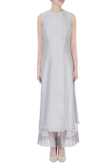 Shop_Urvashi Kaur_Blue Round Chanderi Silk Tunic _Online_at_Aza_Fashions