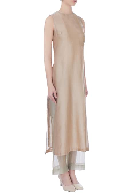 Urvashi Kaur_Beige Round Chanderi Silk Tunic _Online_at_Aza_Fashions